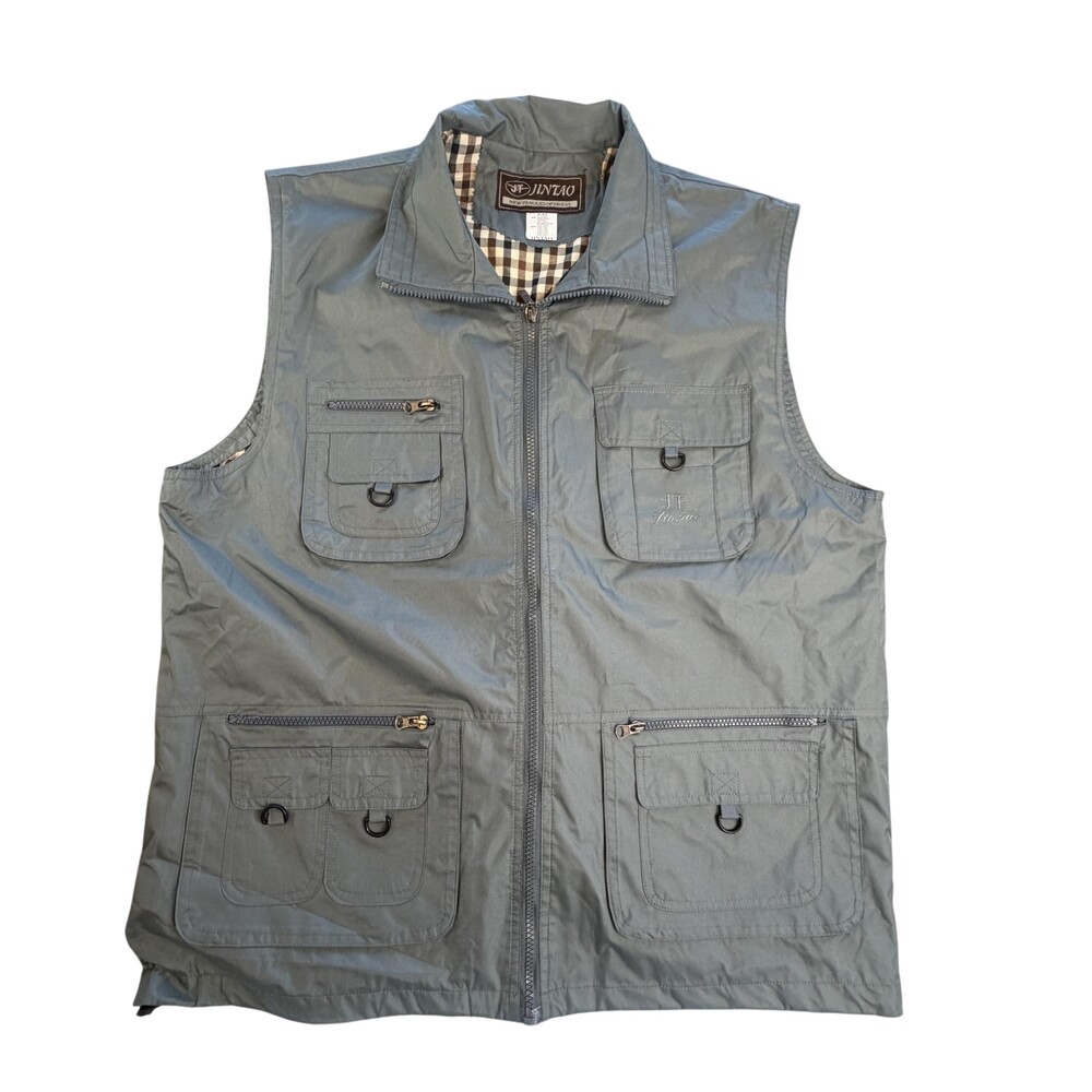 Jintao Vest Mens 2XL Green Utility Multi Pocket Full Zip Lined Outdoor Workwear